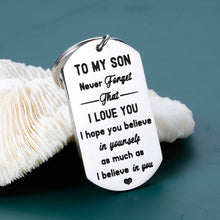 Load image into Gallery viewer, Inspirational Keychain for Son Step Son Gift from Dad Mom to My Son I Love You Son 16 18 Birthday Graduation Christmas for Adult Son Wedding Gift for Groom Stocking Stuffers Gifts for Boys Him Men
