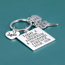 Load image into Gallery viewer, Mother Father of The Groom Keychain Gifts from Son Wedding Gift for Mom Dad Mother in Law from Son Step Son Groom Today A Groom Tomorrow A Husband Forever Your Son Love You Mom Key Ring for Her
