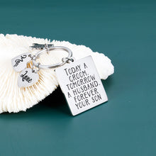 Load image into Gallery viewer, Mother Father of The Groom Keychain Gifts from Son Wedding Gift for Mom Dad Mother in Law from Son Step Son Groom Today A Groom Tomorrow A Husband Forever Your Son Love You Mom Key Ring for Her
