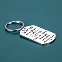 Load image into Gallery viewer, Inspirational Keychain for Son Step Son Gift from Dad Mom to My Son I Love You Son 16 18 Birthday Graduation Christmas for Adult Son Wedding Gift for Groom Stocking Stuffers Gifts for Boys Him Men
