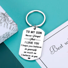 Load image into Gallery viewer, Inspirational Keychain for Son Step Son Gift from Dad Mom to My Son I Love You Son 16 18 Birthday Graduation Christmas for Adult Son Wedding Gift for Groom Stocking Stuffers Gifts for Boys Him Men
