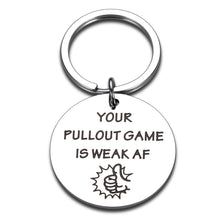 Load image into Gallery viewer, Funny New Dad Gift, First Time Father&#39;s Day Gift, Dad Keychain for Him Men, Dad to Be Gifts, Funny Dad Gifts from Son for Dad Your Pullout Game is Weak
